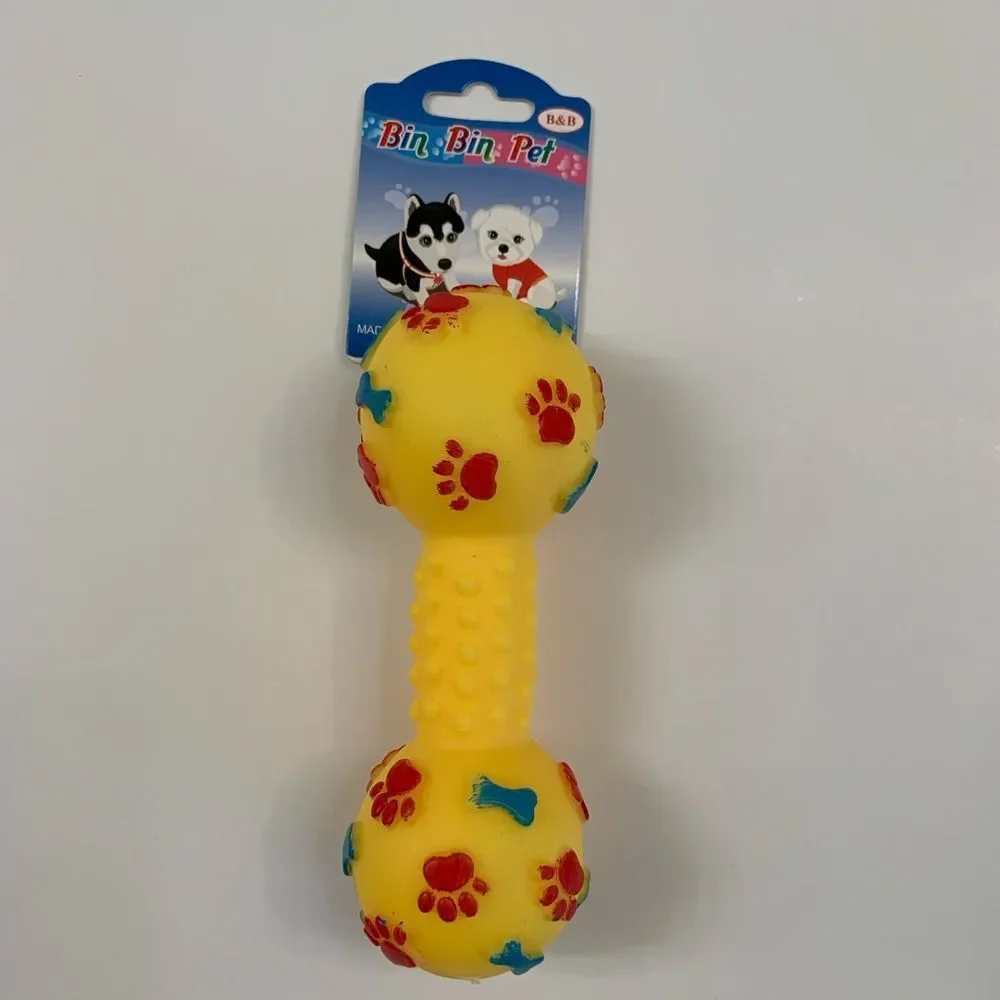 Pet- Squeaky Toy- Dumbbell W/ Paw Prints - Various Colors